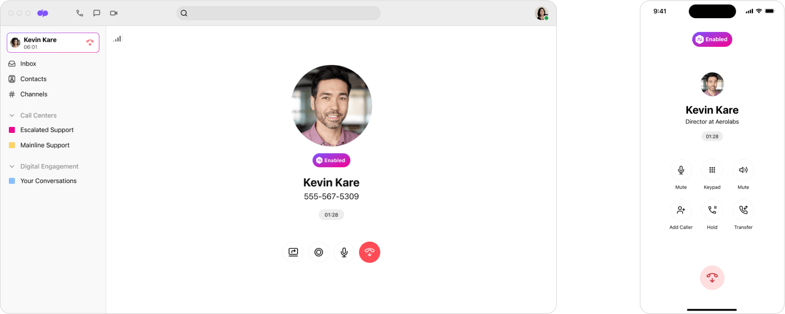 Screenshot of desktop and mobile U Is of an phone call made through Dialpad