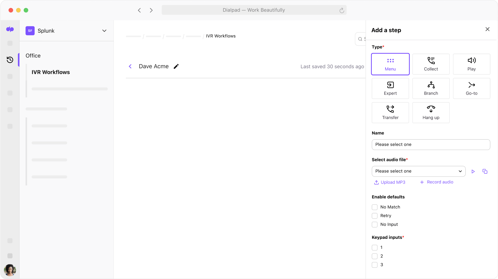 Screenshot of setting up an IVR flow in Dialpads online dashboard