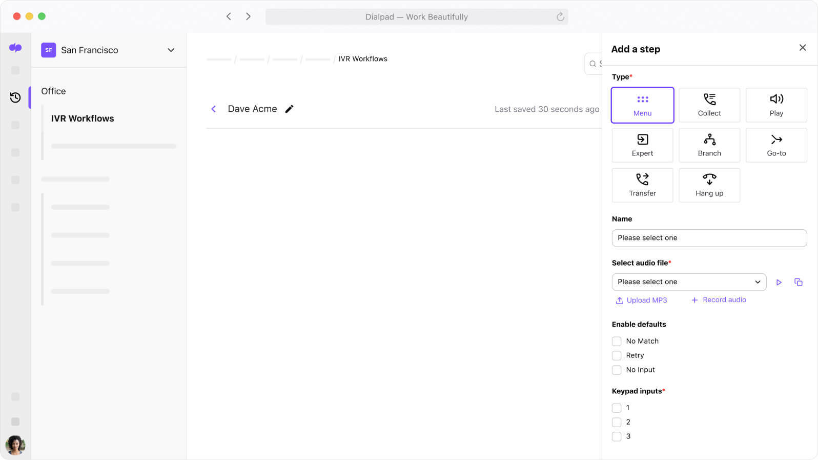 Screenshot of setting up an IVR in Dialpad