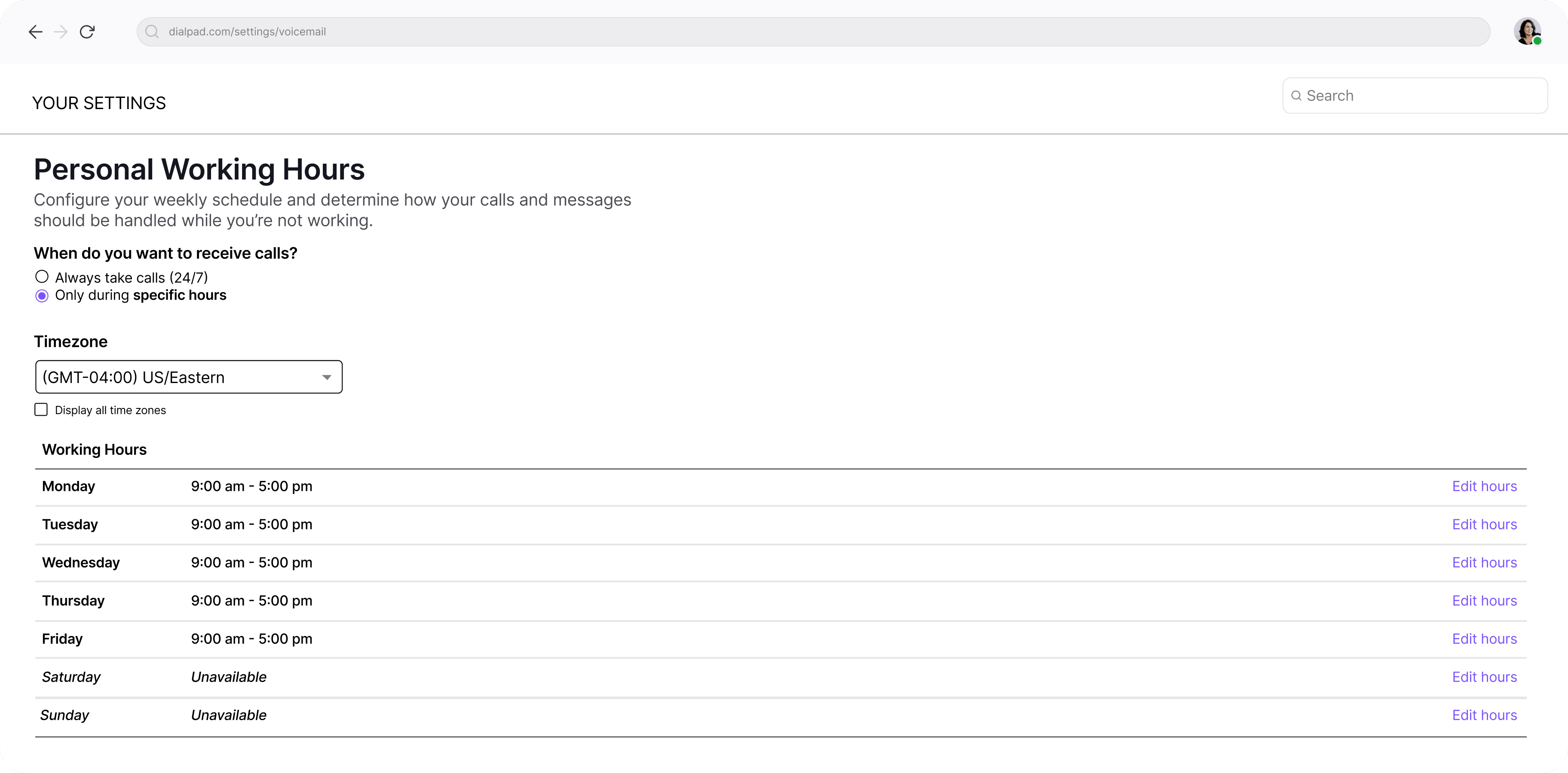 Setting working hours in Dialpad UI