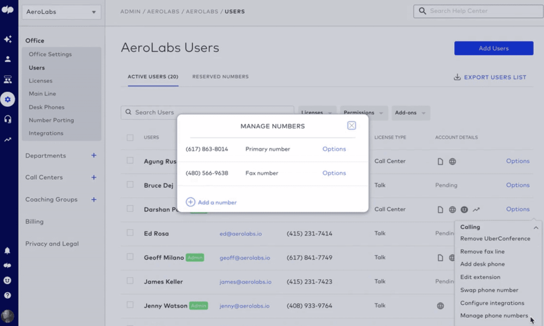 Users tab in Dialpad