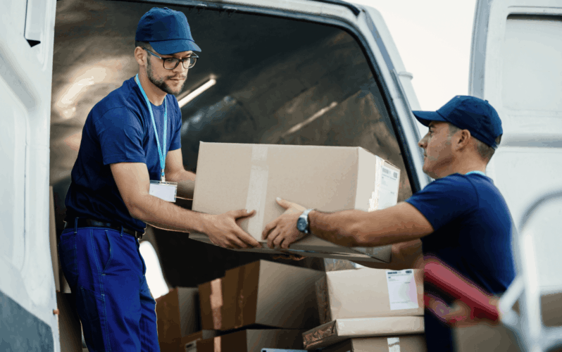 A uniformed man is passing packages from the inside of a van to his colleague who is standing outside the van
