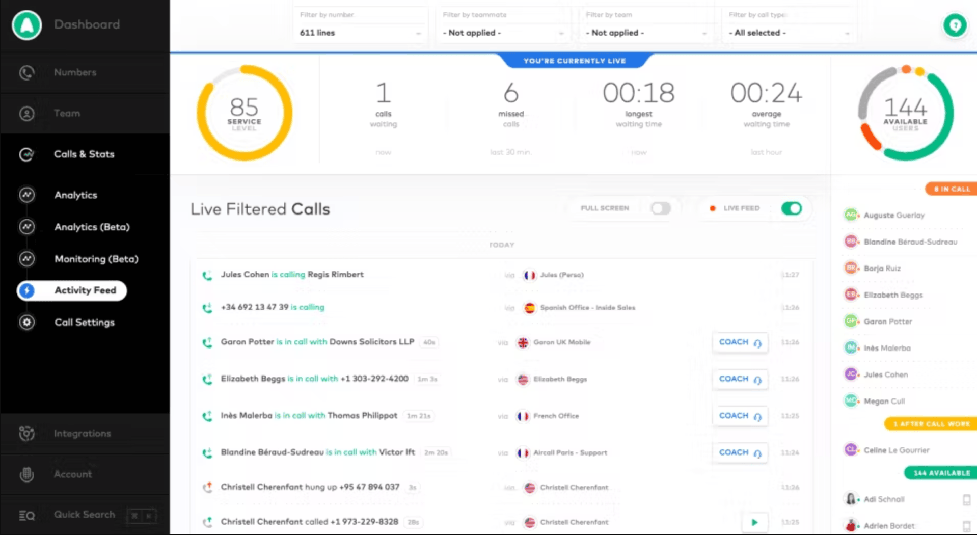 Aircall contact center user interface