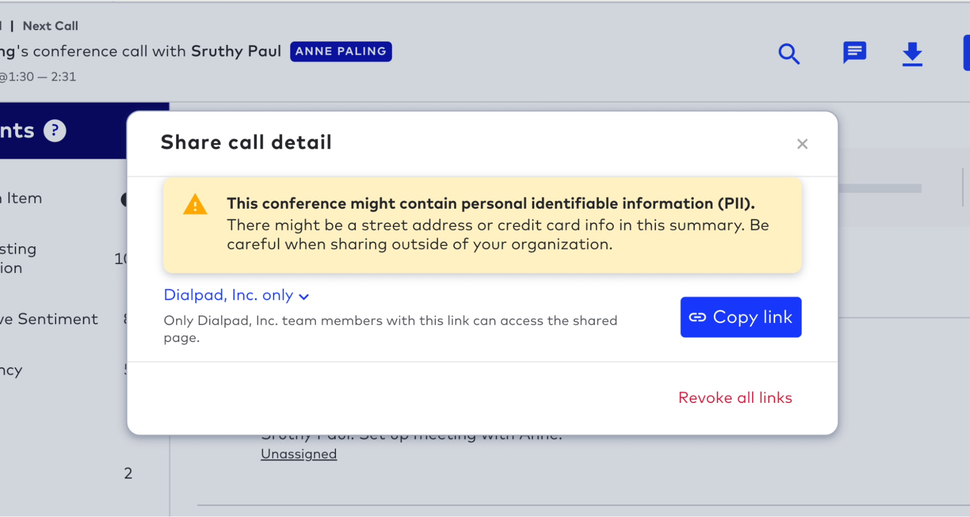 Automatic detection of personal information in dialpad contact center