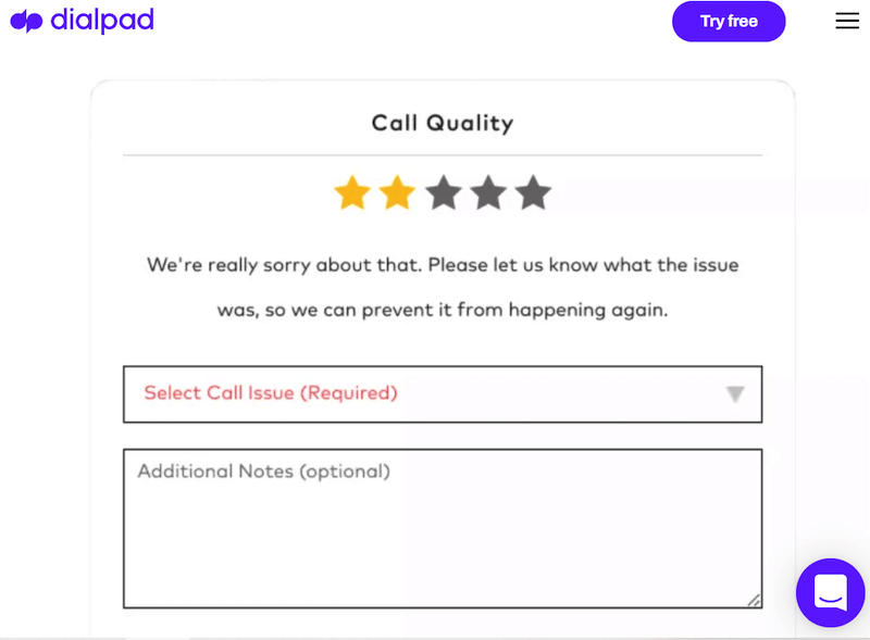 Call quality report in dialpad