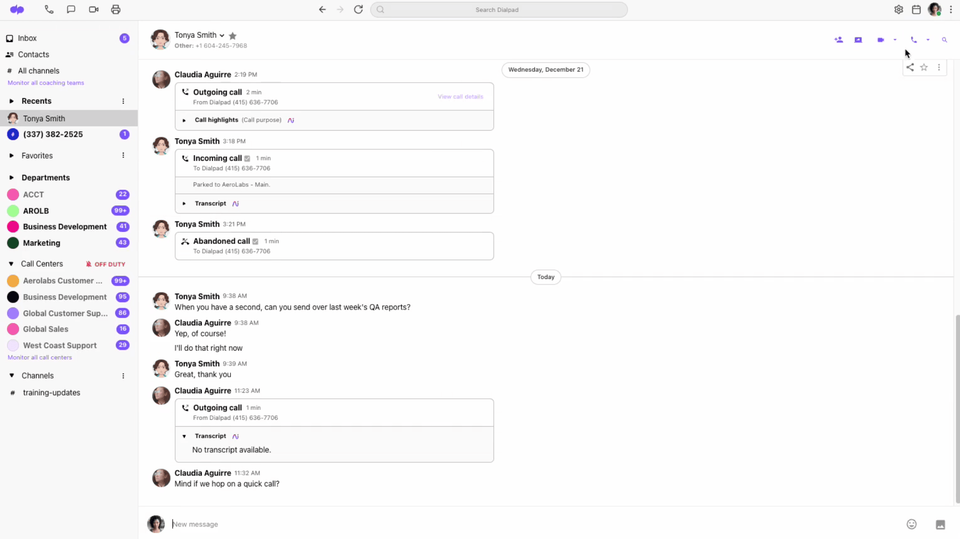 Calling a contact from a chat conversation in dialpad