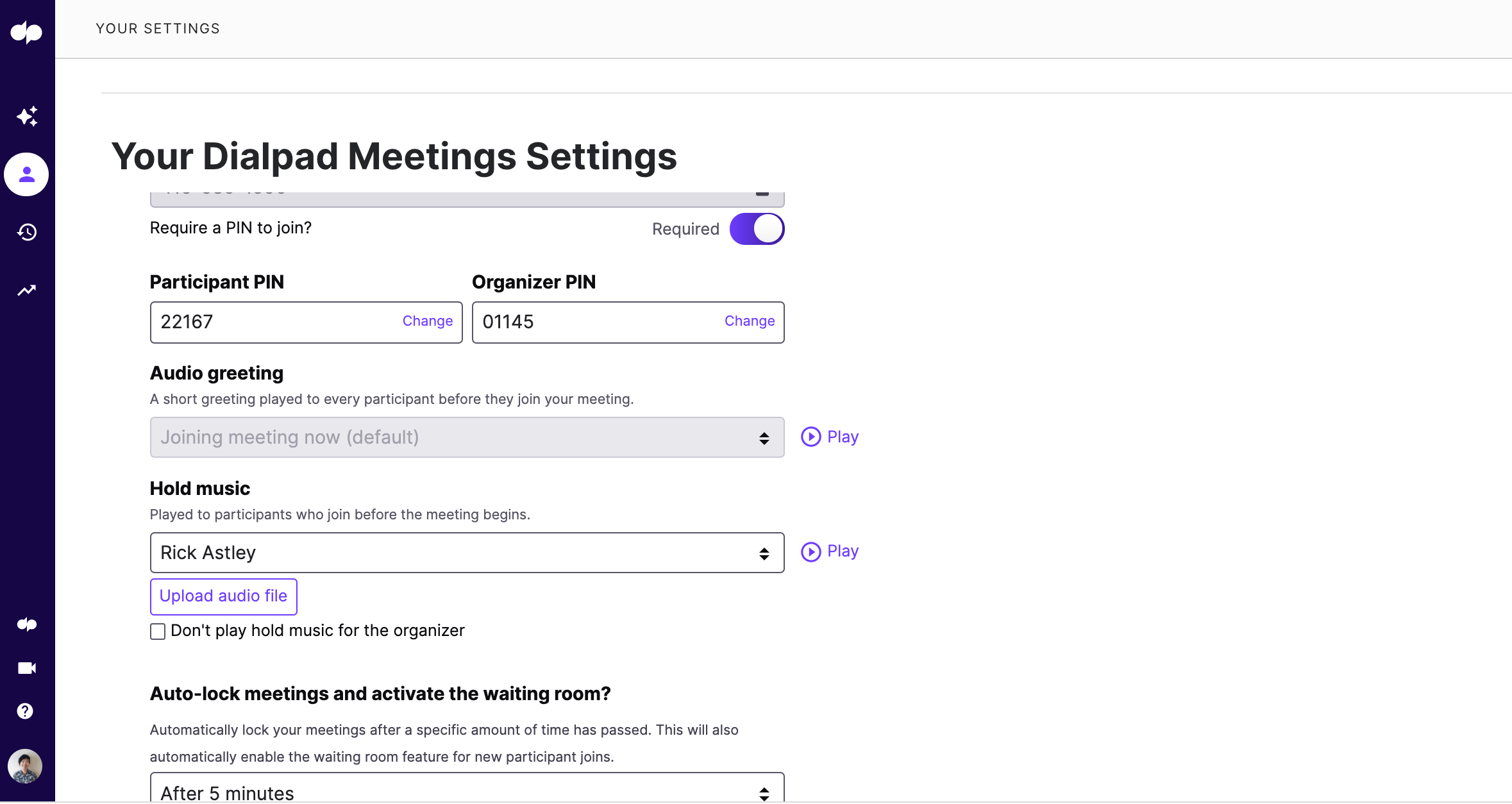 Changing PIN for meetings in dialpad