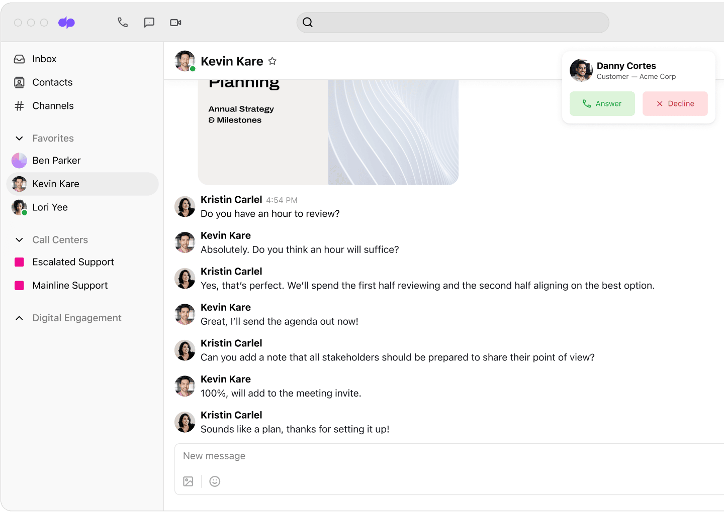 Communications professionnelles Dialpad - Interface utilisateur avec messagerie et IA vocale