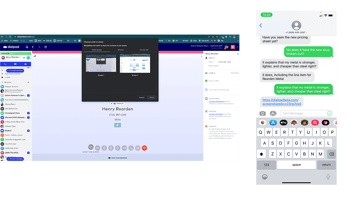 Dialpad on call screen sharing