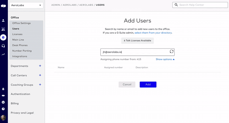 Dialpad product add users UI interface