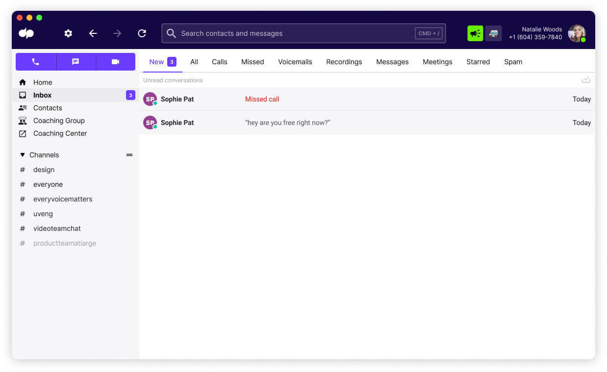 New calls or messages in dialpad