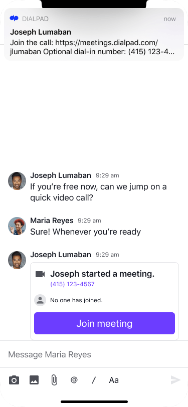 One click movement to meetings on mobile in dialpad