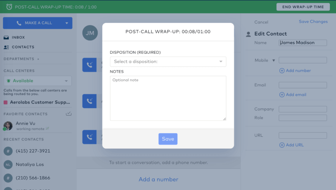Post call wrap up timer in dialpad