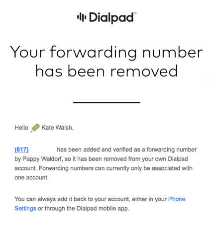 Forwarding number has been removed notification