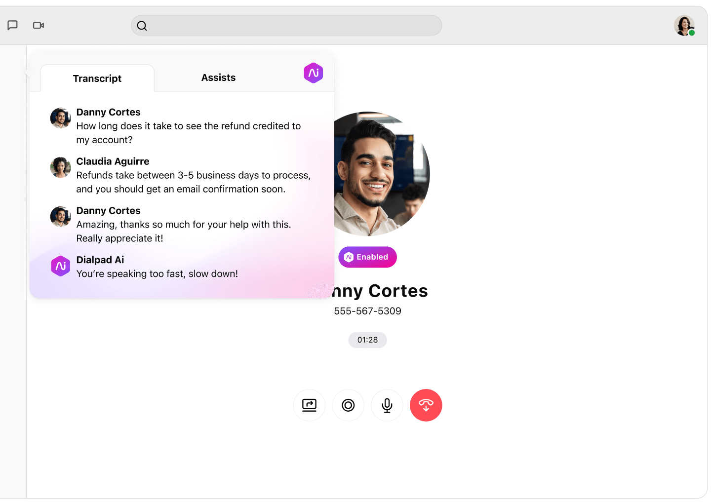 Screenshot of Dialpad Ai transcribing a phone call in real time