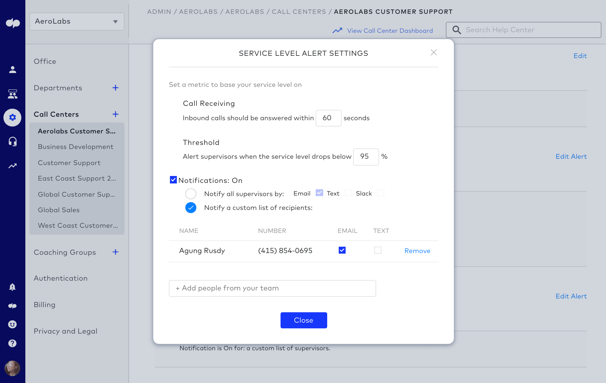 Service level alerts in dialpad contact center