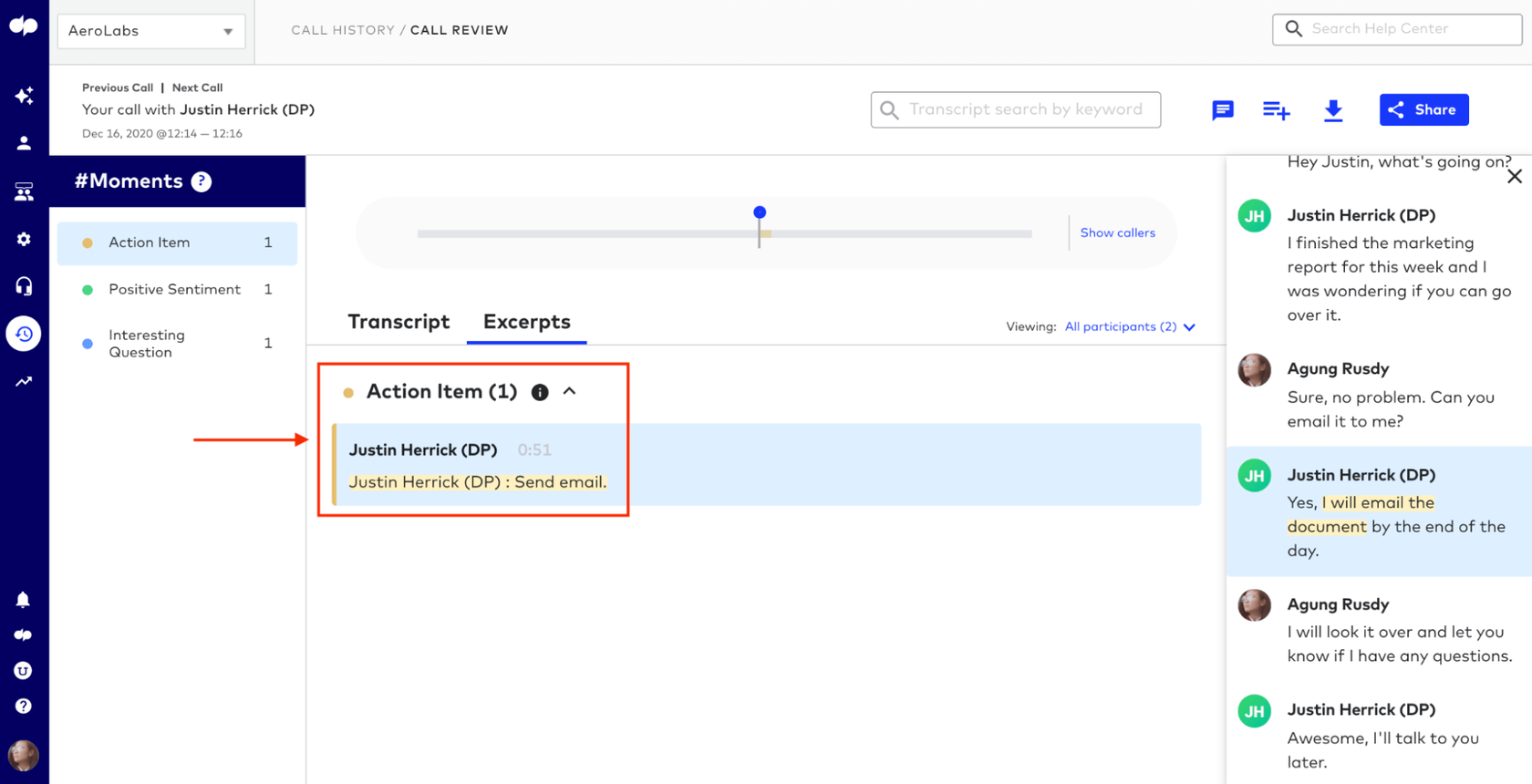 action items in dialpad's platform