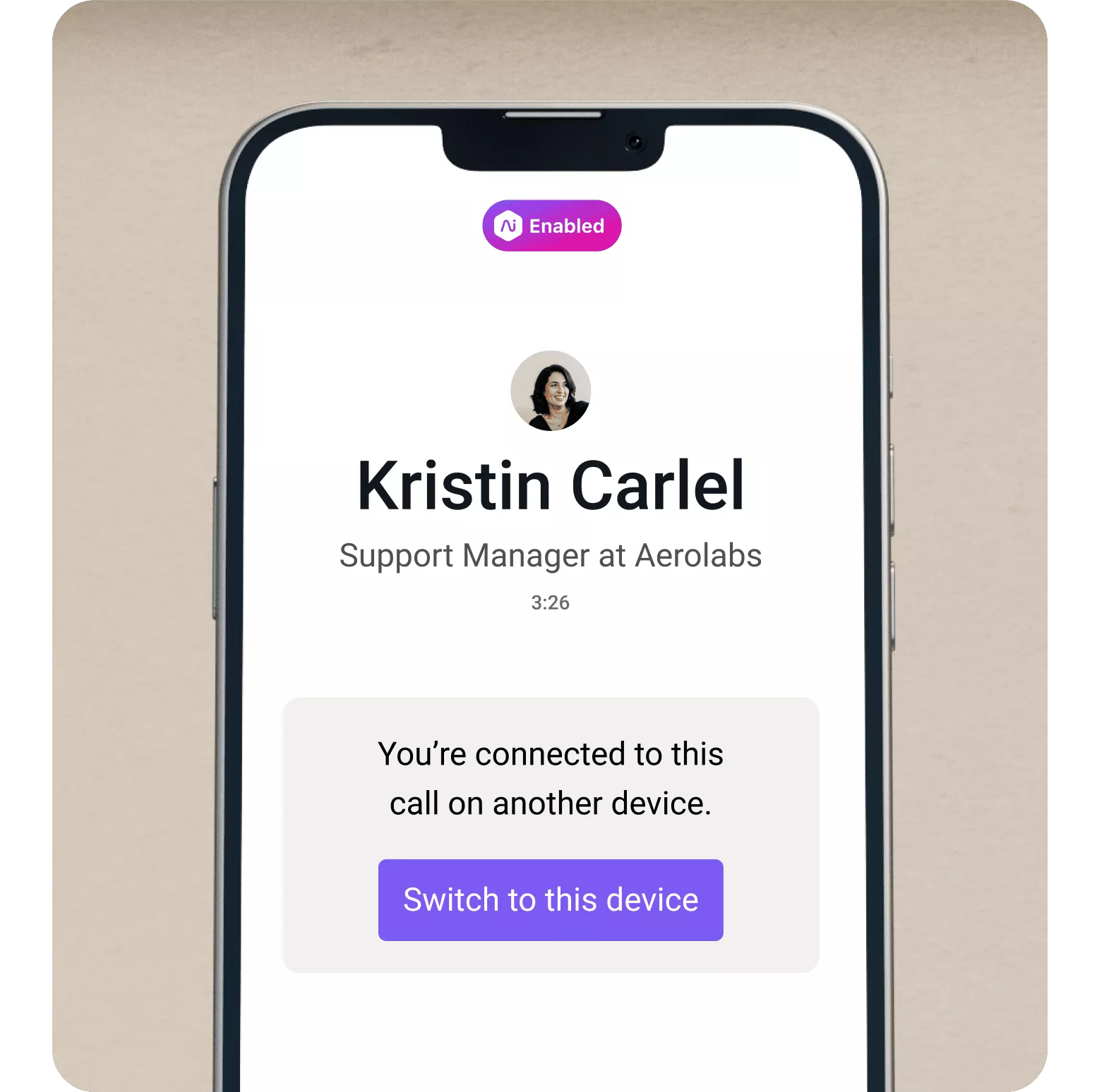 Screenshot of a cell phone showing a call being switched between devices through Dialpad's app