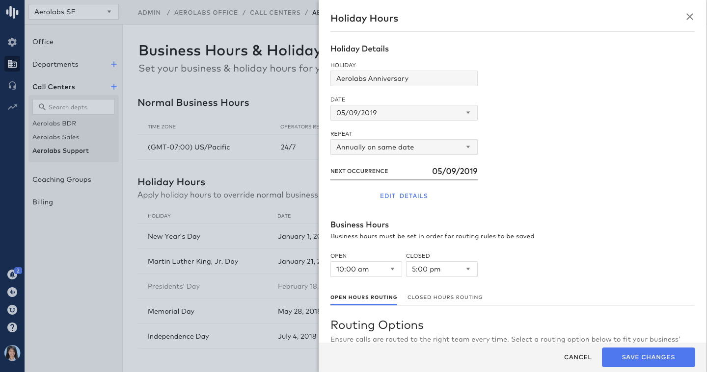 setting holiday hours for call routing in dialpad