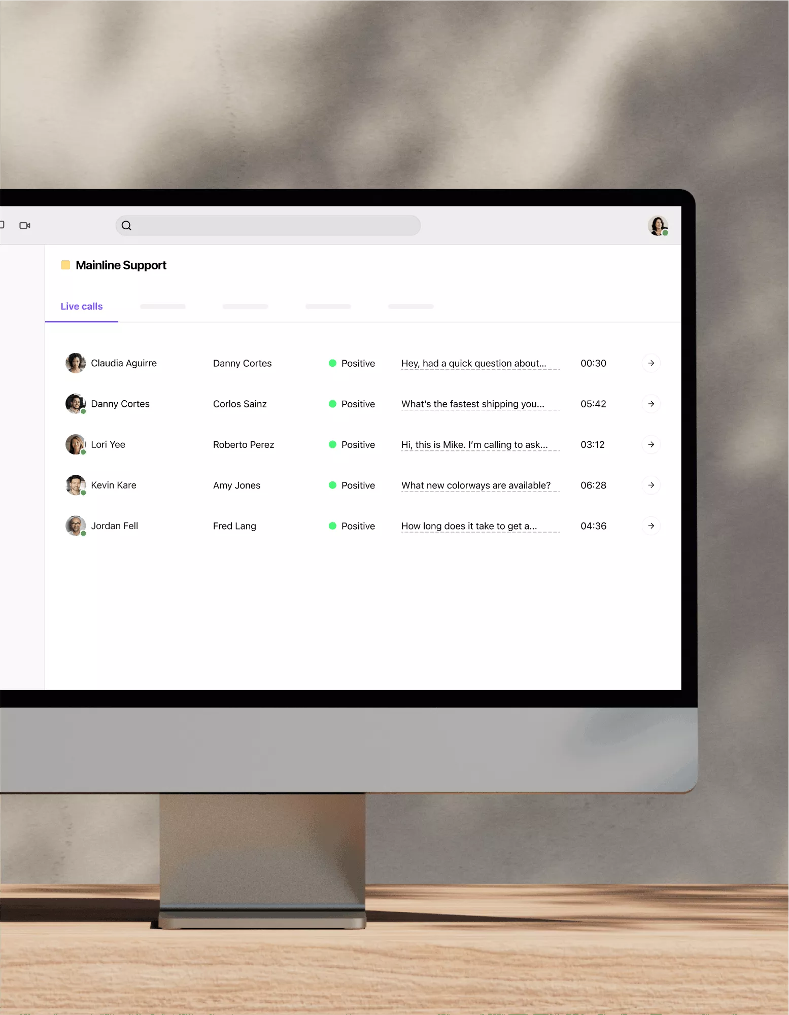 Computer monitor showing Dialpad's hosted contact centre platform analysing sentiment of a call in real time