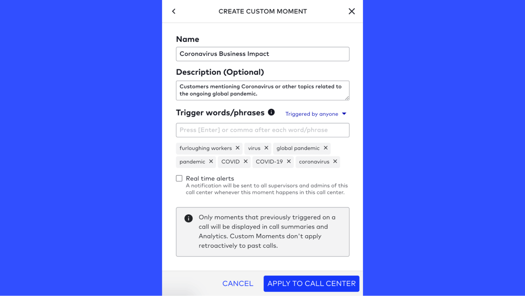 custom moment trigger words in dialpad contact center