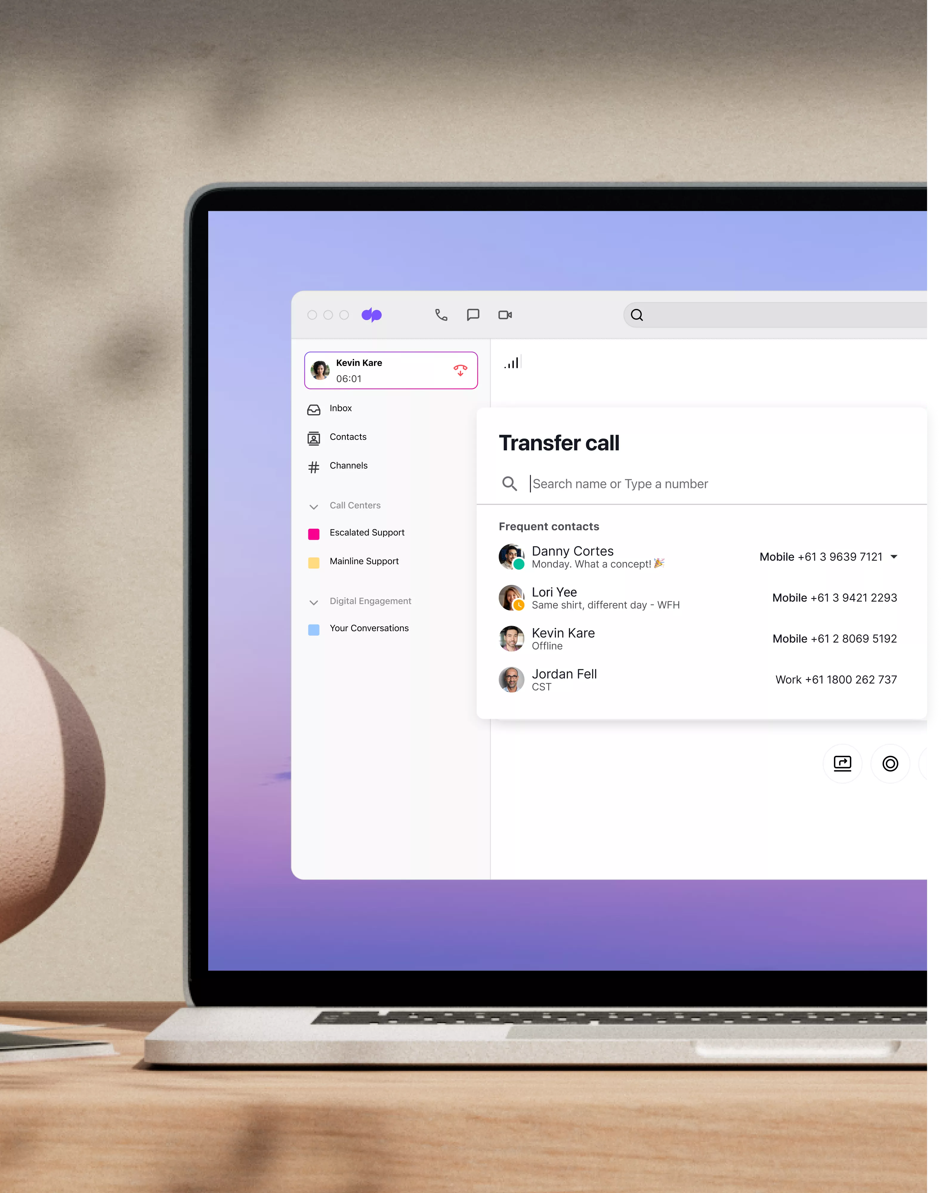 Computer screen showing an international call happening in Dialpad's desktop app