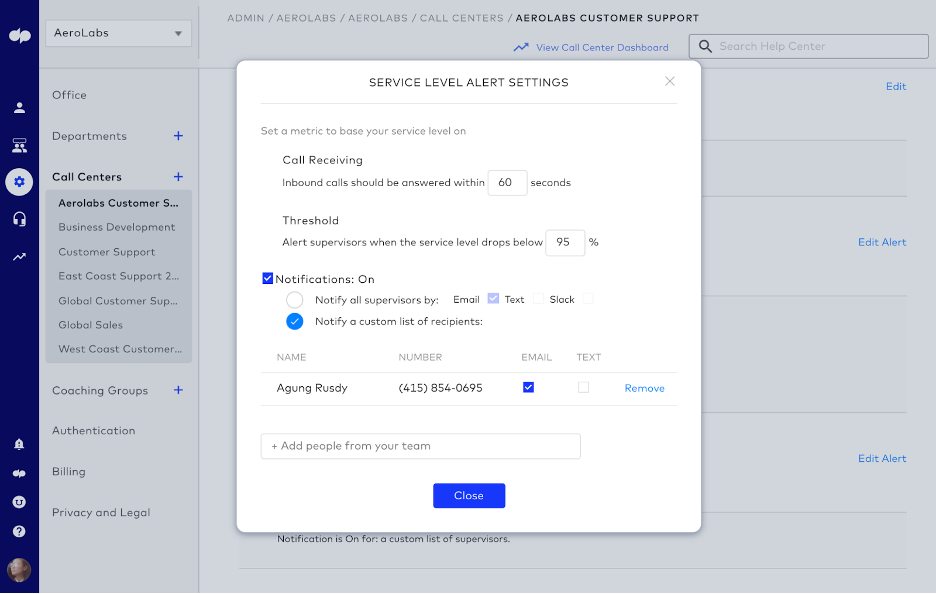 service level alerts in dialpad