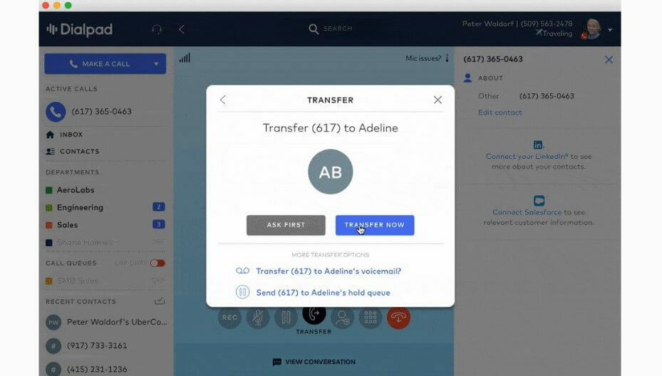 transferring a call in dialpad app