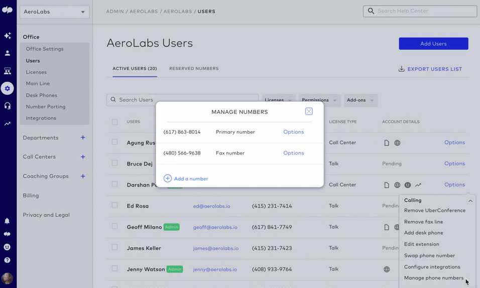 managing phone numbers in dialpad