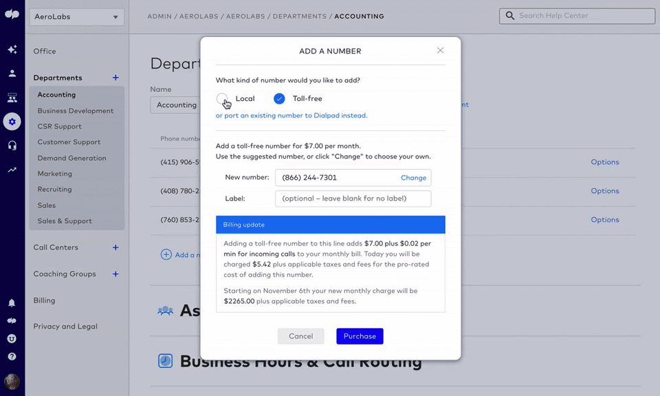 adding a toll free number in dialpad