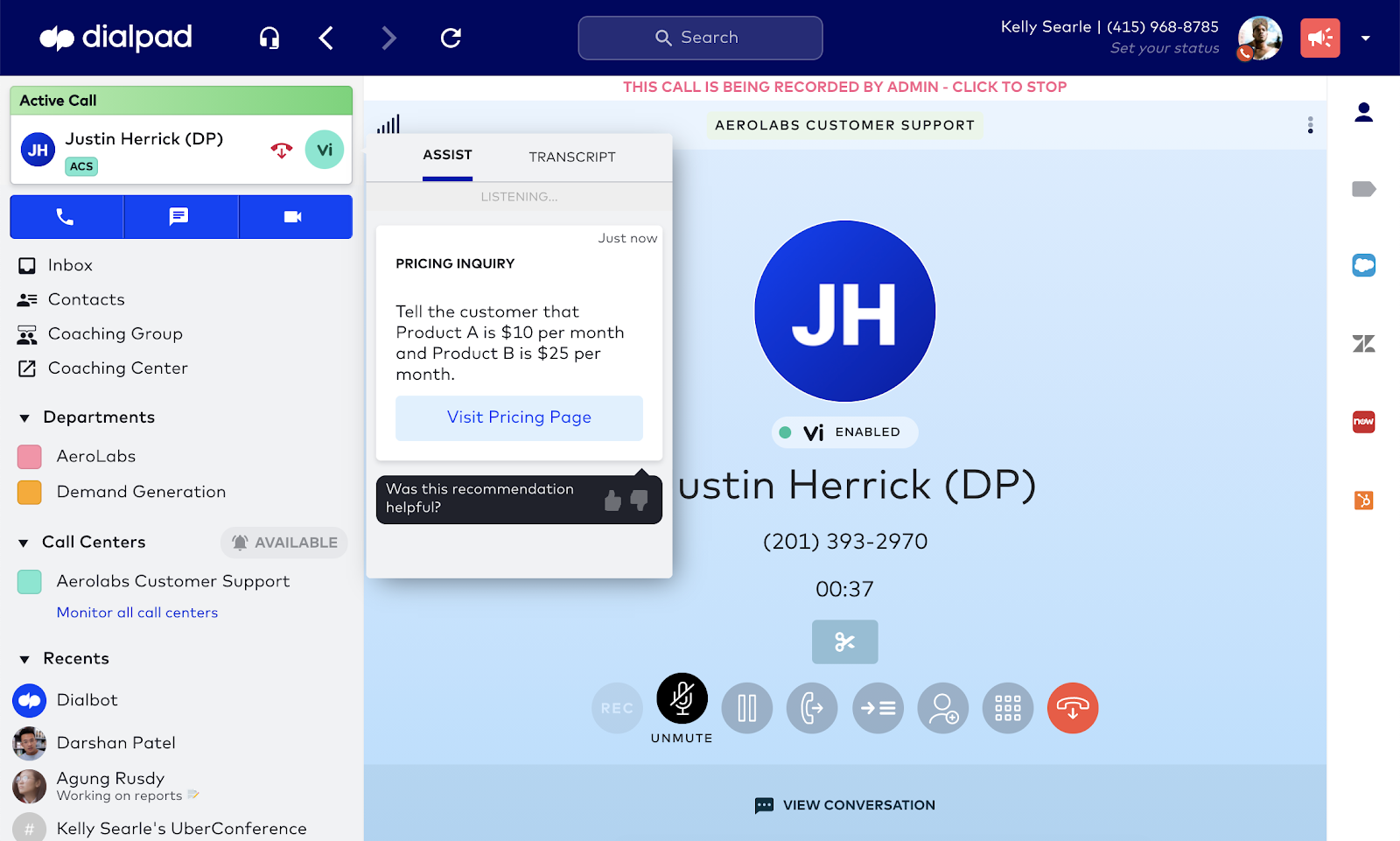 Call center live coaching screenshot 1