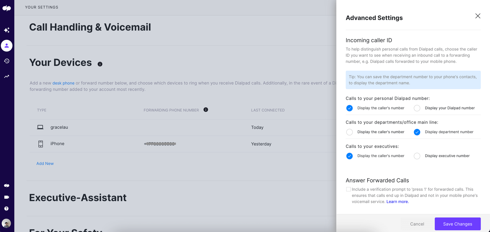 call forwarding prompts in dialpad