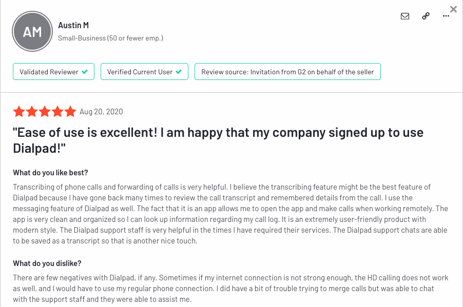 g2 review of dialpad talk