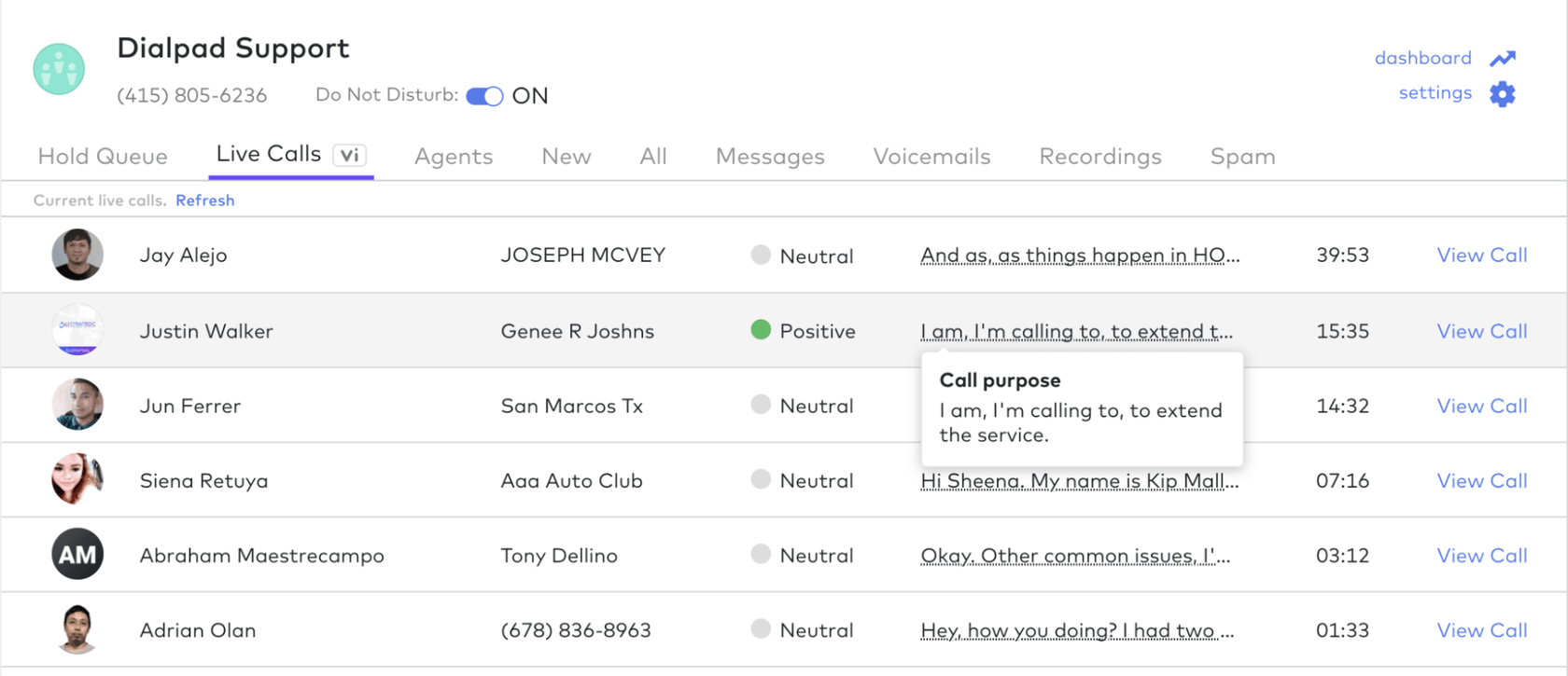 call purpose on live calls