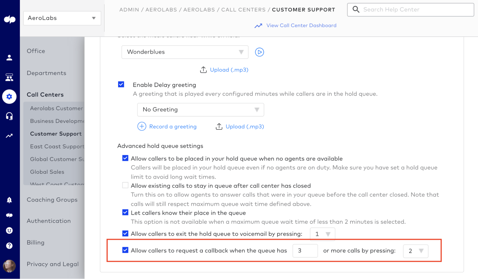 callback setting in dialpad contact center