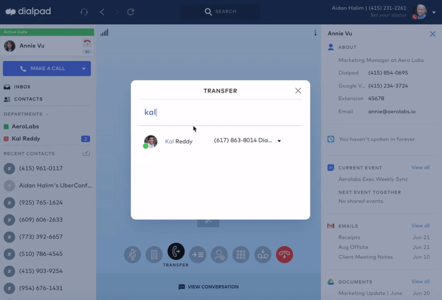 transferring a call in dialpad app