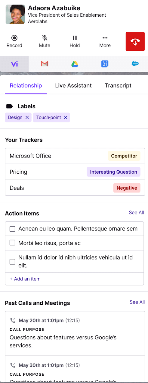 contextual relationship view in dialpad