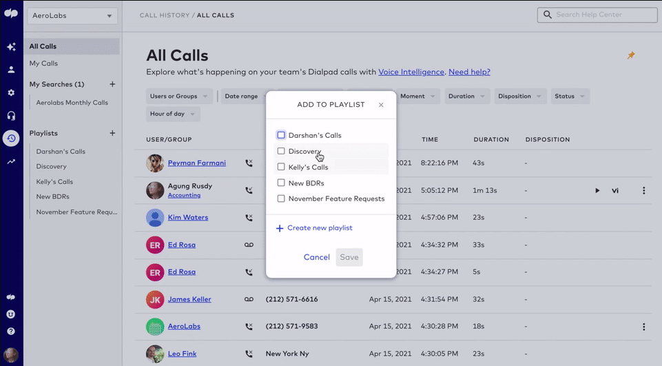 creating a coaching call playlist in dialpad