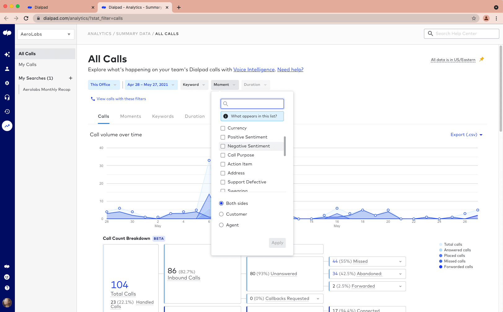 custom moments analytics in dialpad contact center