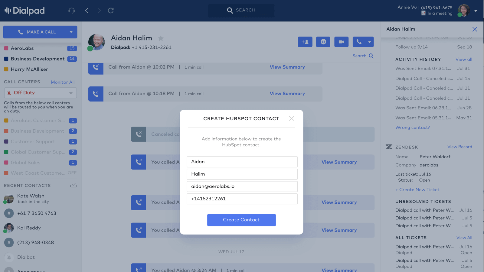 HubSpot integration in Dialpad