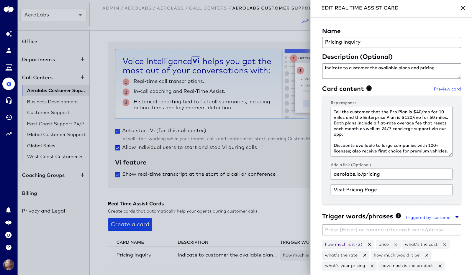 editing a real time assist card in dialpad