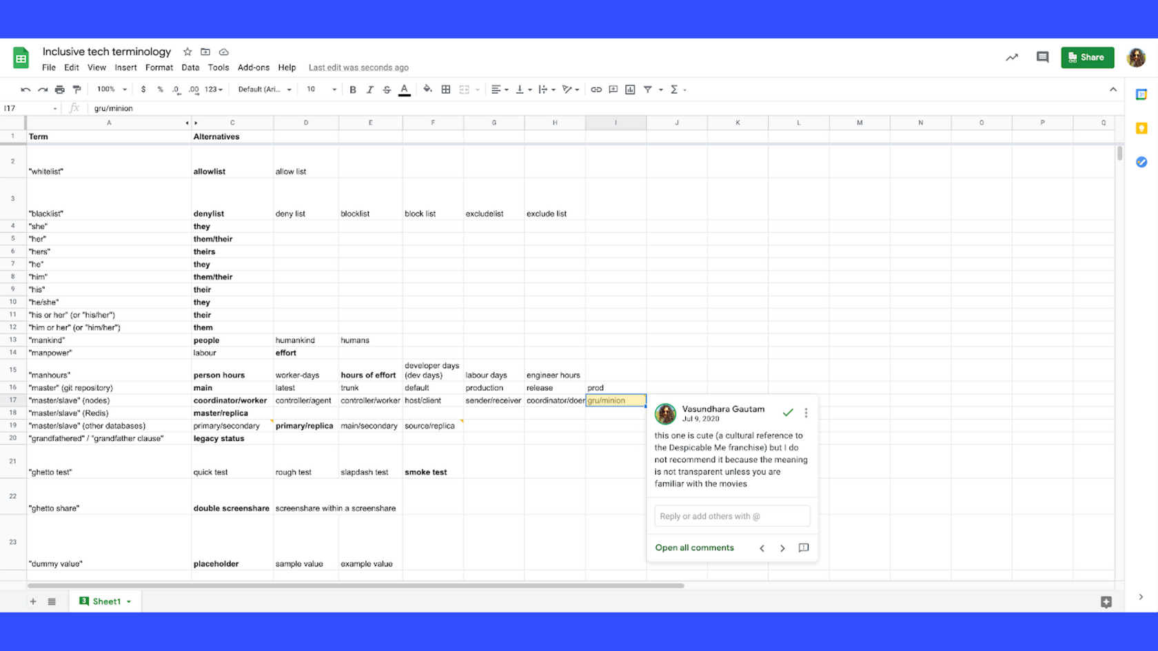 Google Sheet with rows of exclusionary terms along with many proposed alternatives