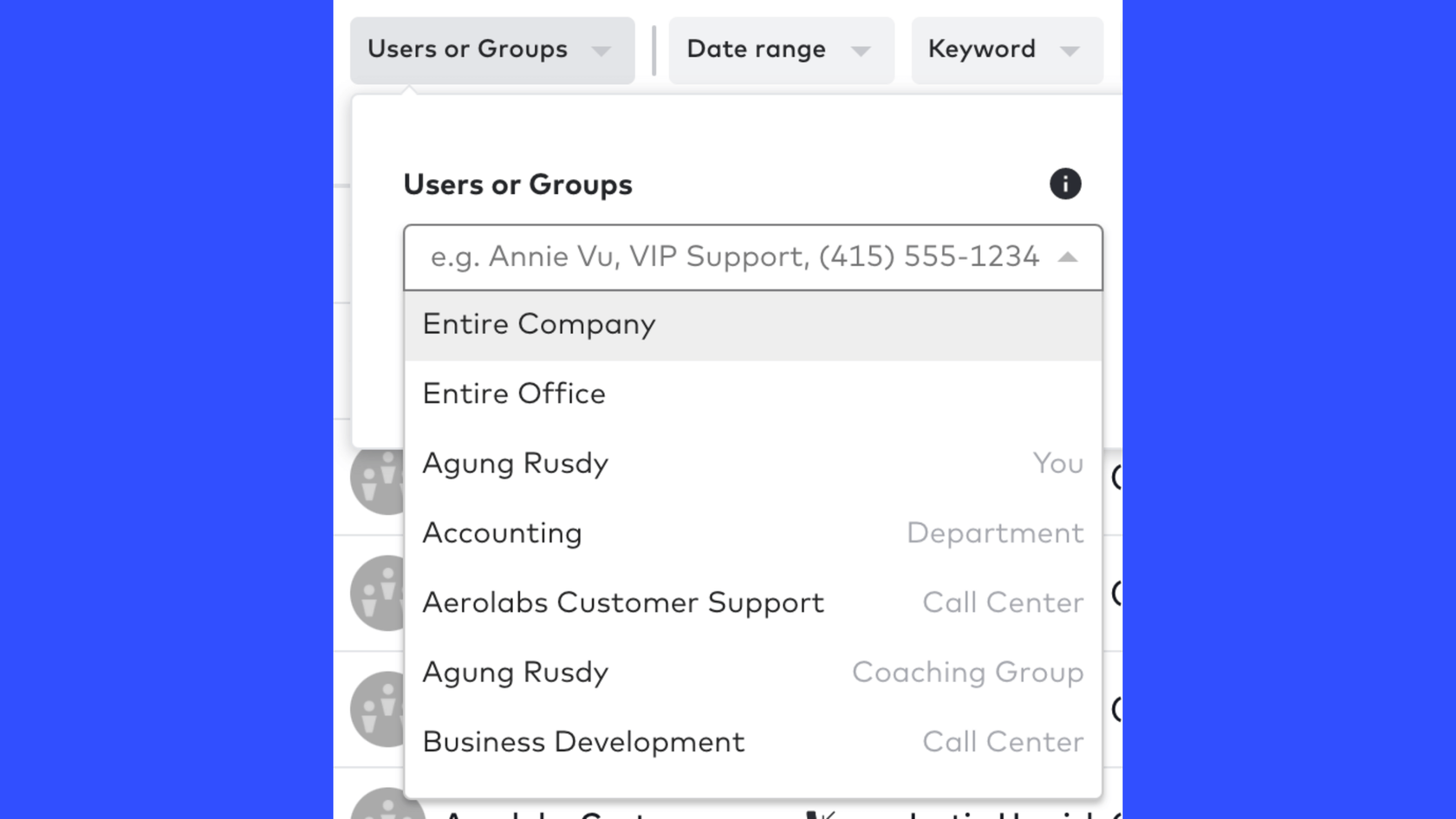 filtering call history in dialpad