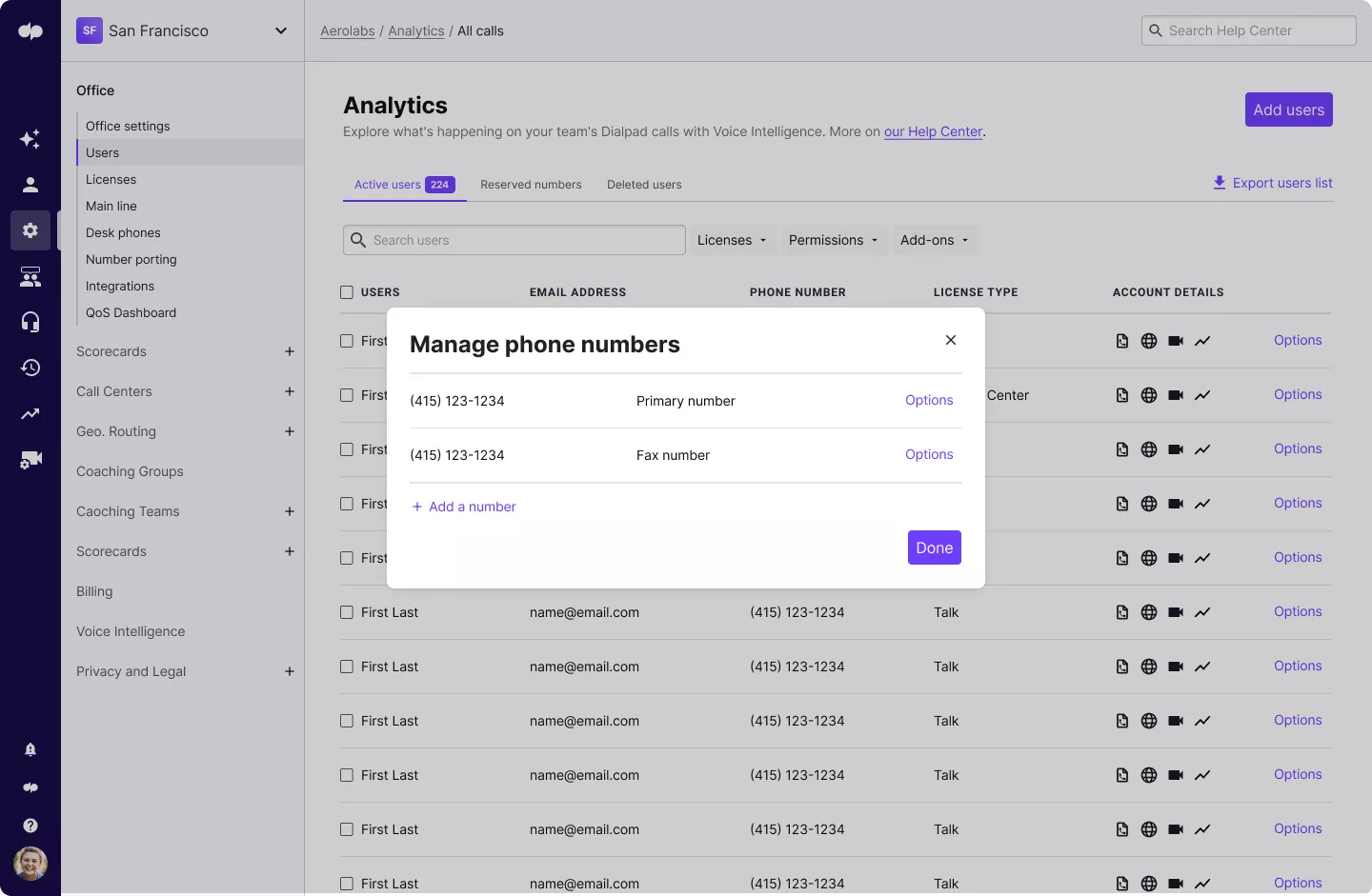 managing phone numbers in dialpad