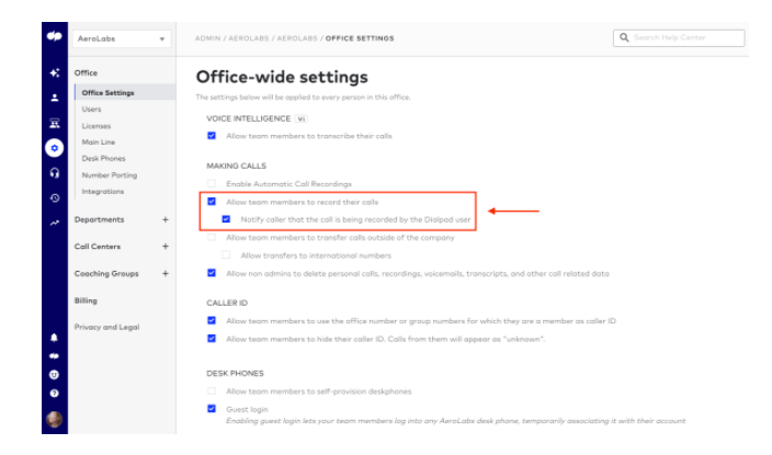 office wide call recording feature in dialpad app