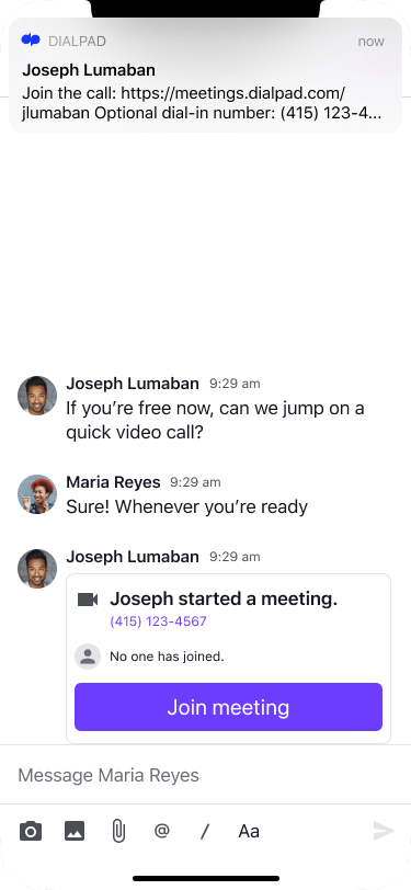 one click movement to meetings on mobile in dialpad