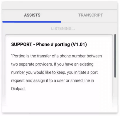 real time assist card example in dialpad