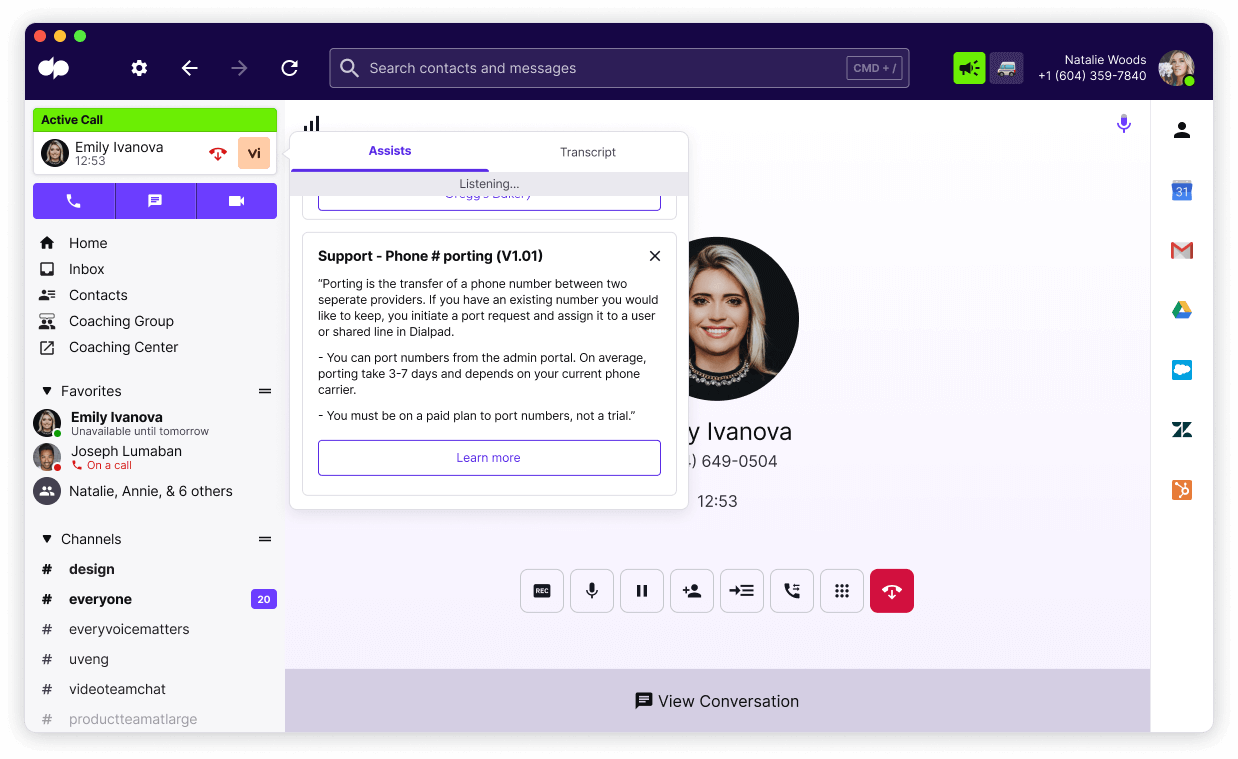 real time assist cards in dialpad