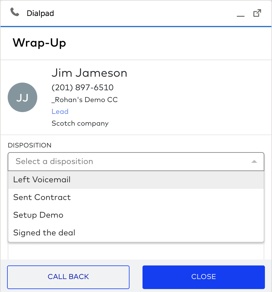 sales call disposition in dialpad