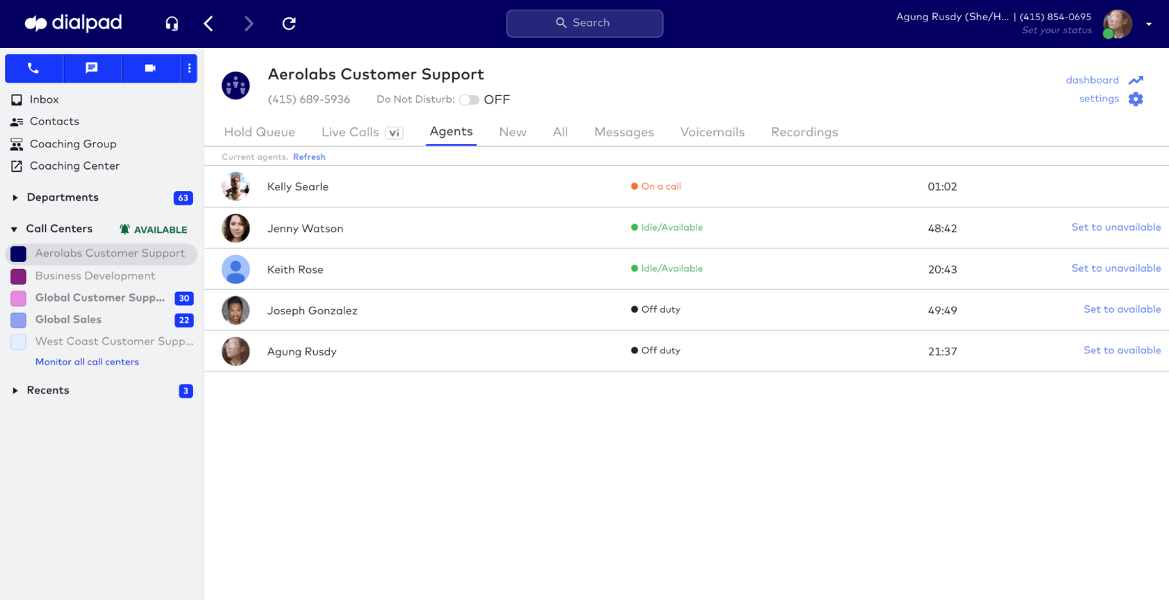 seeing all live calls in progress in dialpad contact center